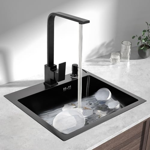 MBUYI Fregadero de cocina rectangular de acero inoxidable, 45 x 40 cm, color negro, con grifo, 1 lavabo individual, fregadero empotrable, incluye todos los accesorios para el montaje