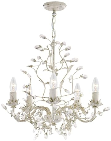 Licht-Erlebnisse Kronleuchter Kristall Floral Ø 50 cm 5-armig in Creme Gold Höhe verstellbar bis 1,2 m E14 Pendelleuchte Esszimmer Hängelampe Wohnzimmer