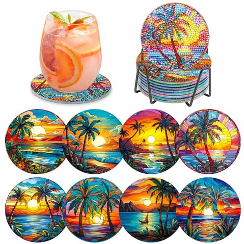 MOGTAA Peinture Diamant Dessous de Verre, 8PCS Kit Diamond Painting Paysage, DIY Coucher De Soleil sous-Verres Art de Diamant avec Support, Kits de Peinture Diamant pour Adulte Enfants