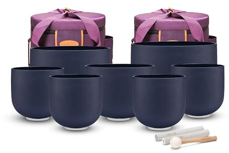 TOPFUND 6-10 432Hz Chakra Set of 7 Black Crystal Singing Bowls with Heavy Duty Carrying Cases and Mallets