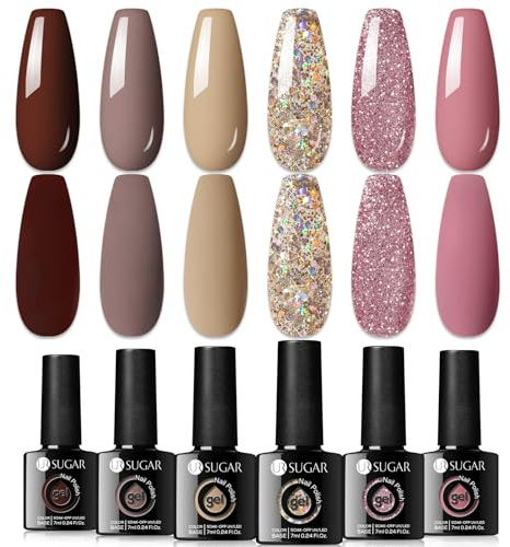 UR SUGAR Esmalte Semipermanente de uñas Rosa desnudo de 6 Colores Marrón Grisáceo Brillante,esmalte de ultravioleta semipermanente empapado en manicura LED Regalo de San Valentín DIY 7ml