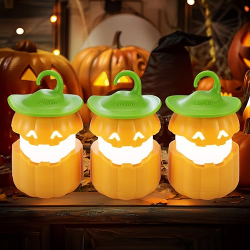 EverBrite 3-Pack Halloween Pumpkin Lantern, Two Color Changing Halloween Lights Outdoor Indoor with Hook, Halloween Lanterns LED Light for Halloween Party Decoration, Battery Included