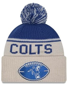 New Era Indianapolis Colts NFL 2024 Sideline Historic Sport Knit Beige Blau Bommelmütze - One-Size