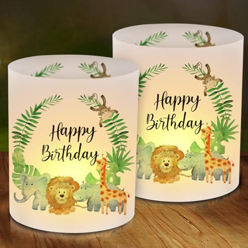 12 Windlicht Tischdeko Geburtstag, Happy Birthday Tisch Deko, Grün Waldtiere Windlichter Tischdeko, Dschungel Geburtstagsdeko 1 Jahr, Safari Windlicht Geeignet für Junge Mädchen Geburtstag Party