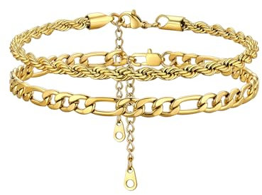 GoldChic Jewelry Bracelet Chaine de Cheville pour Femmes Lot de 2 Pièces Bracelets Châne de Pied Acier Inoxydable Argent/Plaqué Or/Noir Enfant Fille 21cm+5cm Réglable Bijoux Cheville Cadeau Amie