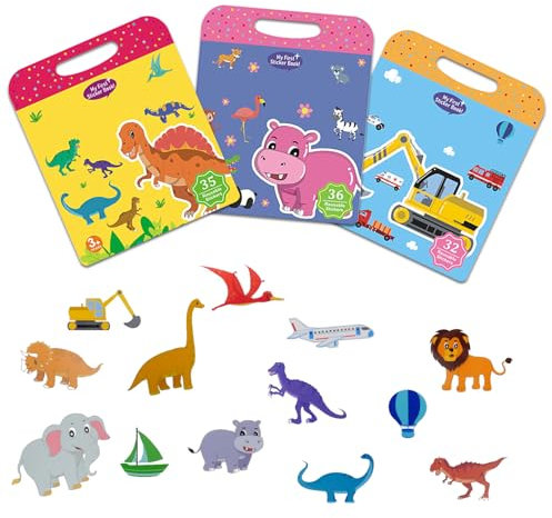 Hocadrv 3D Stickerbuch 3 Pack Wiederverwendbar Sticker Kinder 3-5 Jahre Dinosaurier Tiere Fahrzeuge Aufkleber