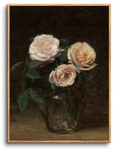 hyidecorart Vintage Botanisch Leinwandbilder mit Rahmen Holz, 20x25 cm Klein Wandbilder Wohnzimmer Rosa Rosen, Modern Wanddeko Schlafzimmer Gemälde Desktop Badezimmer Büro Zimmer Esszimmer Flur