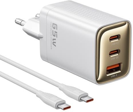 toocki USB C Ladegerät 65W 3Ports GaN PD Schnellladegerät mit Ladekabel,USB C Netzteil für MacBook Pro/Air, Steam Deck, iPhone 17-12 Serie, Galaxy S24 Ultra-S20,Tablet,Laptop,Handys usw (weiß)