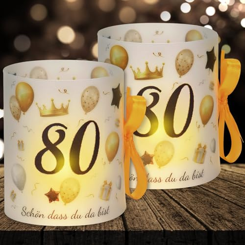 16 Windlichter Tischdeko Deko 80 Geburtstag Frauen Happy Birthday 80. Geburtstag Tischdeko für Partys, Taufen, Kommunionen, Mitzvahs Teelicht oder Kerzen Deko (mit farbigen Seilen)