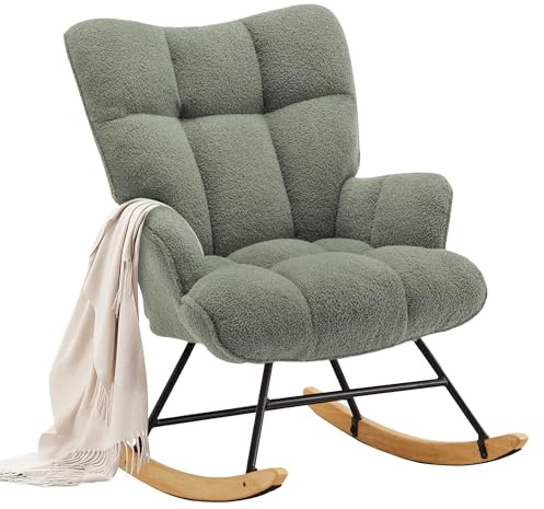 XH.Easy Go Rocking Chair Nursery Teddy Upholstered Glider Rocking Accent Chairs Padded Seat with Rubber Wood Legs Armchair Comfy Side Chair for Living Room Bedroom Offices (Green Teddy)