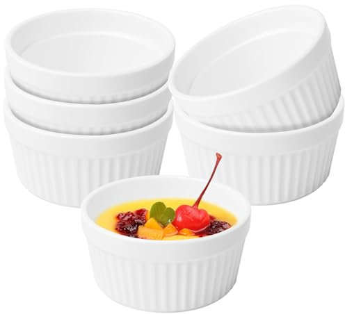 LEKEFETO Lot de 6 ramequins à crème brûlée : 160 ml en céramique, ramequins à soufflé, plat à gratin pour soufflé, bols à dessert, pour la cuisson de cuisine, passe au lave-vaisselle – Ø 9 cm – Blanc