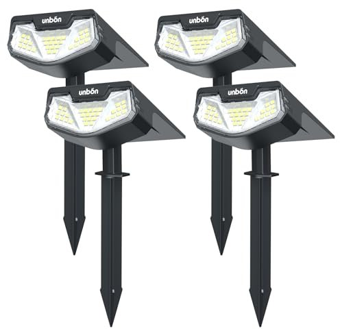 UNBON Spot Solaire Exterieur, Lot de 4 Lampe Solaire Exterieur Jardin Puissante, Lumiere Solaire Exterieur avec 3 Modes, Éclairage Exterieur Solaire Étanche IP65 pour Jardin Allée Chemin Blanc Froid