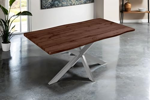 SAM Esstisch Josy | 160 x 85 cm | Holz Nussbaum-Optik | Spider-Gestell Metall Silber | 40 mm Tischplatte mit Baumkante | Tisch für Esszimmer & Küche