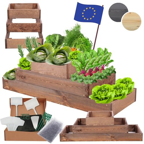 MODO24 Hochbeet Holz, Kräuterbeet, Gartenbeet, Pflanzbeet, Blumenbeet, Stufenbeet, für Garten und Terrasse, Kiefernholz, Massivholz, höhenverstellbar, Abmessungen 27x117x30 cm, Farbe: Braun