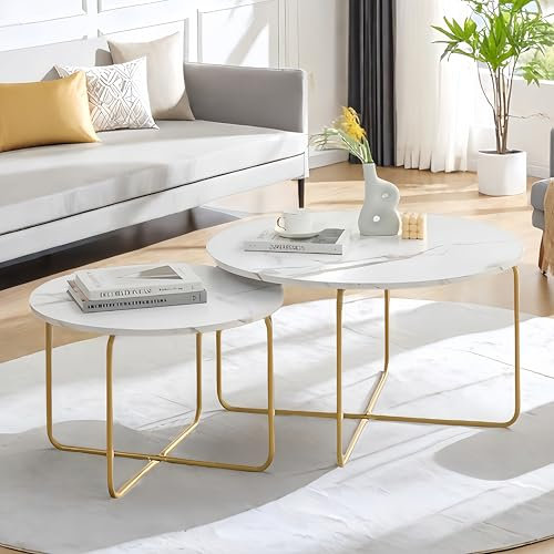 ZECIIYE Couchtisch Rund 2er Set Marmor Optik,MDF Nesting Coffee Table Weiß Marmoroptik und Gold Stahl Gestell,Moderner Wohnzimmertisch Rund Geeignet für Wohnzimmer,Balkon,Büro