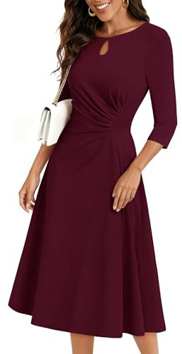 Aupuls Robe d'invité de mariage à manches 3/4 pour femme, coupe ajustée et évasée, robe formelle mi-longue froncée, bordeaux, Taille L