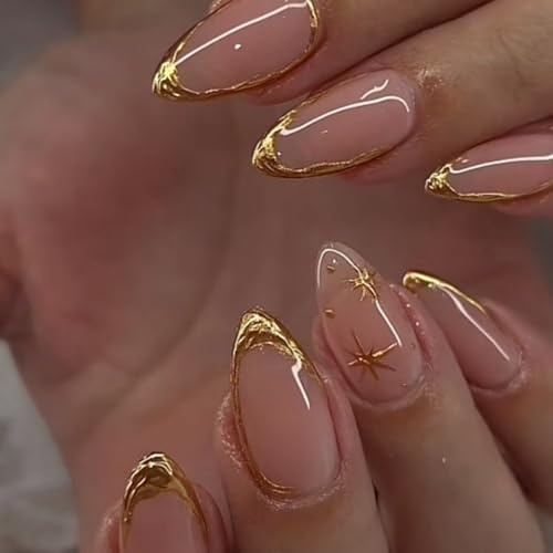 JUSTOTRY 24 Pcs Gold French Almond Press on Nails Short,False Nails with 3D Sculpting Metallic Pattern,Glossy Star Fake Nails Medium for Nail Art,Oval Stick on Nail for Women Gifts