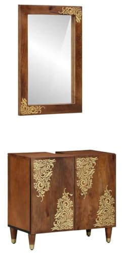 HETFTJN Badmöbel Set Honigbraun 62x33x58 cm aus massivem Mangoholz, Modernes Badschrank Duo mit Flachspiegel, Stauraum & quadratischen Beinen für kleine Badezimmer und Gäste-WC