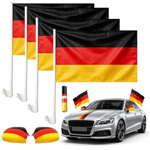 Autofahnen Deutschland WM Fanartikel 2026, 4 Stück Autofahne Deutschland mit Seitenspiegel Überzieher & Auto Aufkleber, Autofahne Fahne Flagge Fußball WM 2026 Fanartikel Auto Deko für Fußballfans