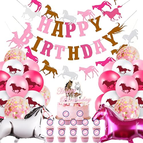 CWENDANER Rosa & Gold Pferde Geburtstagsdeko Luftballon Frauen, 26 Stück Pferde Geburtstagsdeko mit Rosa Happy Birthday Banner Girlande, Tortendeko,Pferd Folienballon für Pferderennen-Partys