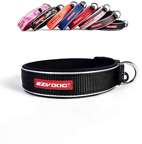 EzyDog Hundehalsband für Große, Mittelgroße, Mittlere & Kleine Hunde - Halsband Hund Neopren Gepolstert, Wasserfest, Reflektierend (S, Schwarz)