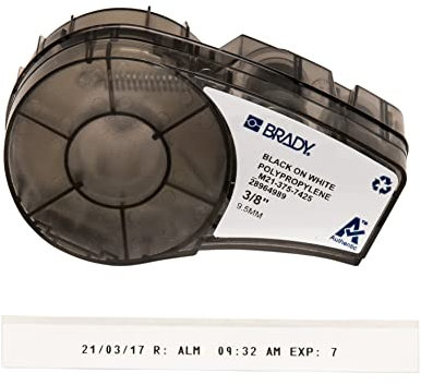Brady Polypropylen Etikettenband für M210, M211 Drucker – Chemische und Kryogene Beständige Labor Etiketten – Schwarz auf Weiß, Matt (9,53 mm x 6,4 m) – M21-375-7425