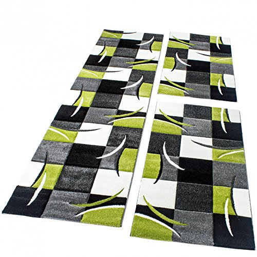 Paco Home Bettumrandung Läufer Teppich Modern Karo Grün Grau Schwarz Weiss Läuferset 3 TLG, Grösse:2mal 60x110 1mal 80x300