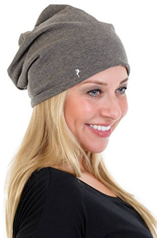 3Elfen Beanie Mütze schwarz/grau aus leichtem Jersey elastisch einfarbig und schlicht mit der Logo Elfe grau weiß