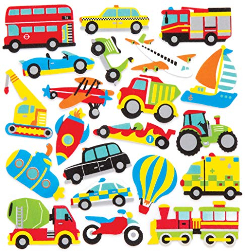 Baker Ross Moosgummi-Aufkleber „Transport“ (120 Stück) – lustige Moosgummi-Aufkleber mit Fahrzeugen für Collagen und Bastelarbeiten