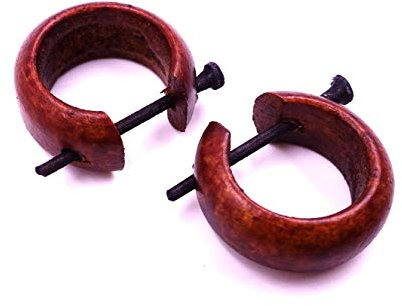 Funight Boucles d'oreilles Créoles Marron Piercing Bois Wooden Earrings Faux écarteur Expander Fake Homme Femme