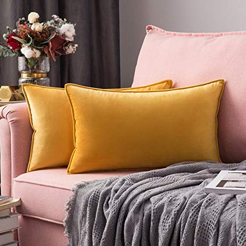 MIULEE Samt Kissenbezug 30x50 Kissen Golden Kissenhülle Dekokissen | Sofakissen Dekorative Satin Umwickelte Kante Kissenbezüge Zierkissenbezug für Sofa Wohnzimmer Schlafzimmer 2er Set