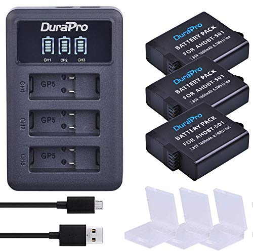 DuraPro - Batteria per GoPro Hero 7 Hero 6 Hero 5 + caricabatterie USB a 3 slot LED rapido con porta di tipo C per accessori Gopro (compatibile con GoPro Hero5 tutti i firmware v02.00, v02.01)