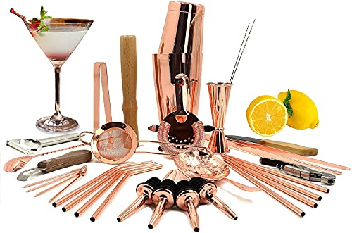 Sky Fish Cocktail Shaker Set | 32 teilig Boston Shaker Set | Premium Barkeeper Set für Zuhause und Bar | Bartender Mix Set Professionelle | Roségold | Handwäsche.