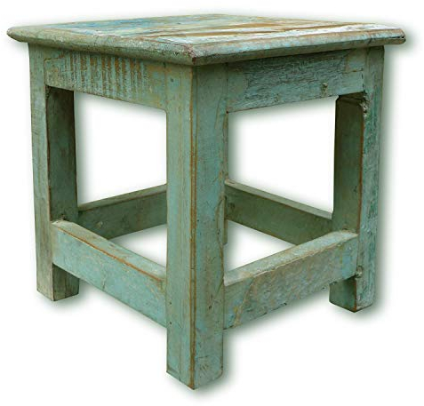 LS-LebenStil Vintage Holz Hocker - Mumbai - Teakholz - Massiv - Rustikal - Shabby Türkis - 26x25cm Schemel Fußbank Bänkchen Fußhocker Tritthocker Blumenhocker Pflanzenhocker Beistellhocker
