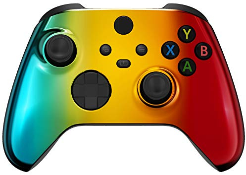 eXtremeRate Coque Chromé pour Xbox Séries X/S, Coque Shell Avant de Remplacement pour Xbox Séries X/S Manette, Chromé Cyan Doré Rouge