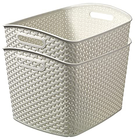 Curver My Style Rattan Effect Set of 2 Kitchen, Living room, Bathroom, Bedroom, Utility X-Large Rectangular Storage Baskets 28 Litres - Off White
