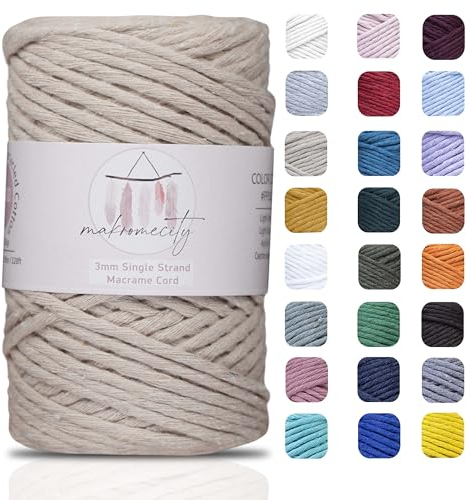 Makromecity Makramee Garn 3mm x 100m Premium Single Twisted Macrame Cord Baumwollgarn für Handwerk Schlüsselanhänger Wohndekorationen Platzteller Umhängetasche Handtasche Runner