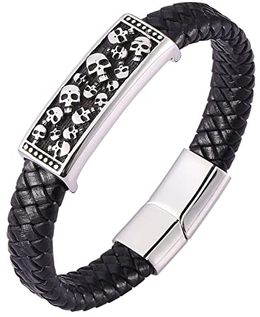 Aotiwe Armband Männer, Schmuck Herren Armband Geflochtenes Lederarmband mit Totenkopf Stahl Edelstahl 18.5cm