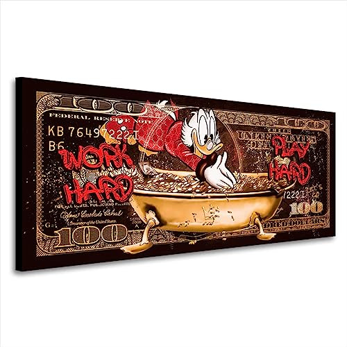 Kunstgestalten24 Dagobert Dollar Leinwandbild Work Hard Style – Lustiges Wandbild auf Leinwand mit Echtholz-Keilrahmen – Comic Pop Art für moderne Räume | 100x40x4cm