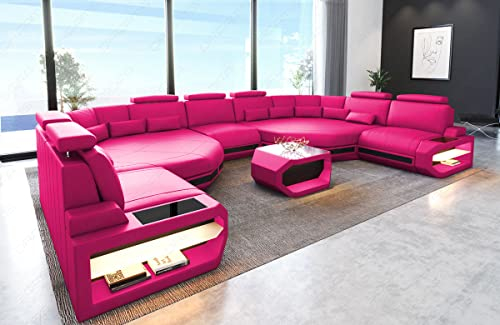 XXL Sofa Wohnlandschaft Asti mit LED-Beleuchtung Couch in Leder Designersofa mit Kopfstützen und USB-Anschluss (Große Ecke rechts (auf Sofa blickend), Pink-Schwarz)