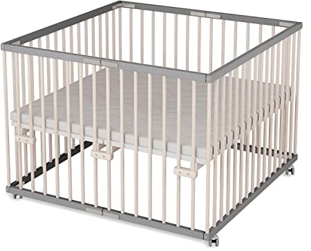 Sämann Laufgitter faltbar 100x100 cm mit Matratze - PREMIUM - stufenlos höhenverstellbar - Laufstall klappbar - Baby Buche grau/natur