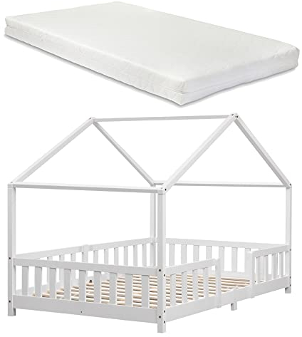 [en.casa] Kinderbett Treviolo mit Matratze 120 x 200 cm Hausbett Holzbett für Kinder mit Rausfallschutz Montessori Bettgestell mit Lattenrost Spielbett Kiefernholz Weiß