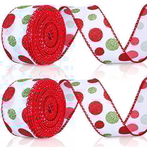 Tatuo 2 Rolls Christmas Glitter Wired Ribbon Christmas Tree Burlap Ribbon Green Red Polka Dot Sparkly Xmas Tree Decoration DIY Bows Wreath(1.5 Inch x 6 Yard Per Roll,White Base)