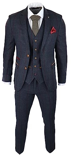 Mens Herringbone Tweed 3 Piece Navy Red Check Suit Vintage 1920s Tailored Fit
