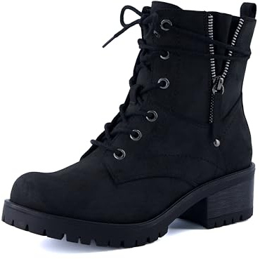 Dunes Kobe Womens Combat Boots – Stylish Lace-Up Design with Side Zipper, Durable Lug Sole, and Block Heel + Memory Foam, Faux Fur Lining, BLACK, 8.5W