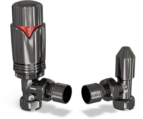 UK Radiators Black Nickel Thermostatic Radiator Valve and Angled Lockshield Valve - Polished Black Nickel Finish - Classy and Modern Design 1/2 x 15mm Angled Radiator Valve