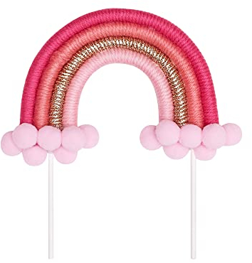 The Baked Studio – Boho geflochtener Regenbogen- und Wolken-Kuchenaufsatz zum Dekorieren von Kuchen für Geburtstage, Babypartys, Taufen (Boho Rainbow – Pink & Gold)