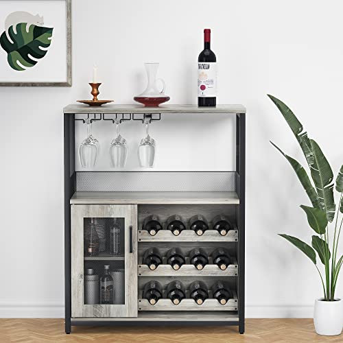 Amyove Wine Cabinet with Detachable Racks, Glass Holder, Mesh Door, Grey, 27.2W x 13.8D x 36.2H, Living Room