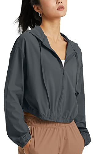 altiland Women's UPF 50+ Sun Protection Cropped Jackets Zip Up Cooling Shirt Athletic Workout Running Hoodie (Graphite Grey, XL)