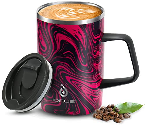 Ideus Vakuumisolierter Kaffeebecher, wiederverwendbar, Edelstahl, doppelwandig, mit Griff und Schieberdeckel für heiße und kalte Getränke, BPA-frei, 473 ml, Rot (Red Zebra)